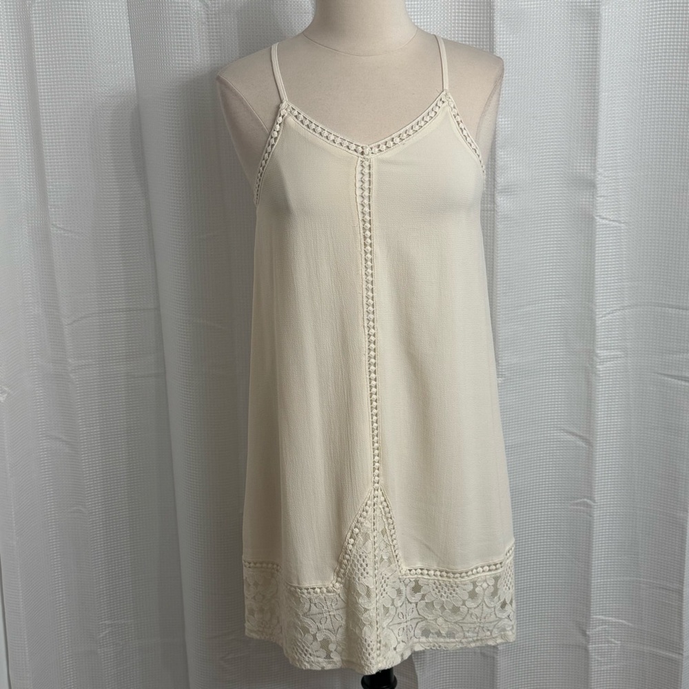 She + Sky Women's Boho Floral Lace Detailing Spaghetti Strap Mini Dress, Cream